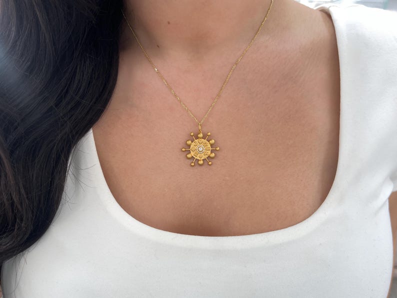 14K gold celestial pendant with 0.15tcw natural diamonds and Colombian emerald accents, elegant pendant necklace.