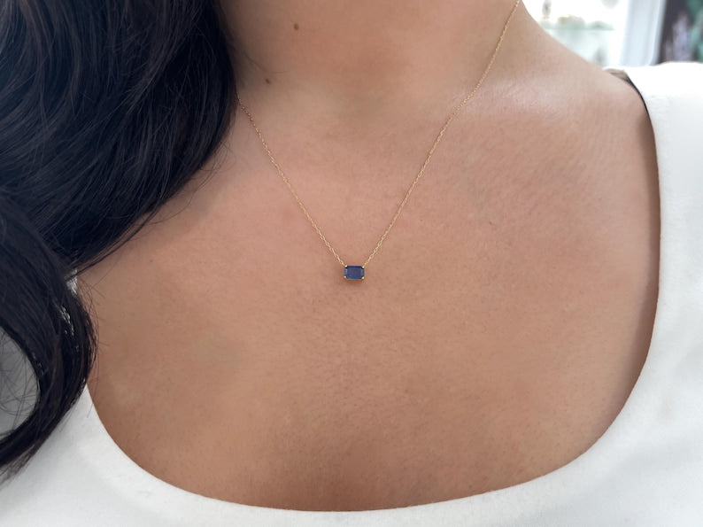 0.65ct 14K Gold Dainty Emerald Cut Natural Blue Sapphire Solitaire Necklace - JR Colombian Emeralds