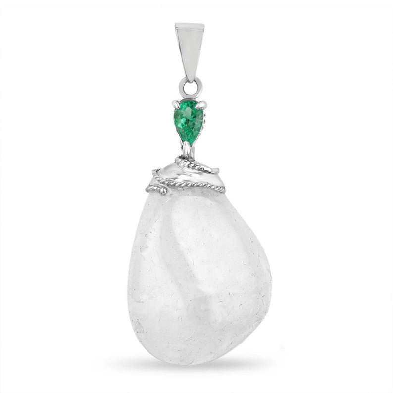 Lush green pear-shaped emerald and quartz baroque pendant necklace by Colombian Emerald, featuring natural gemstones on a silver chain