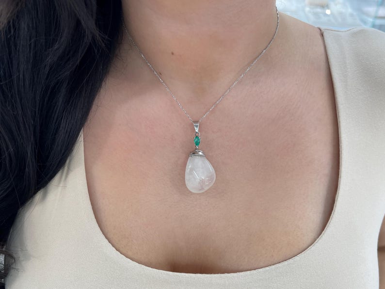 Lush green necklace featuring a 0.78ct natural pear-cut emerald and quartz baroque pendant by Colombian Emerald