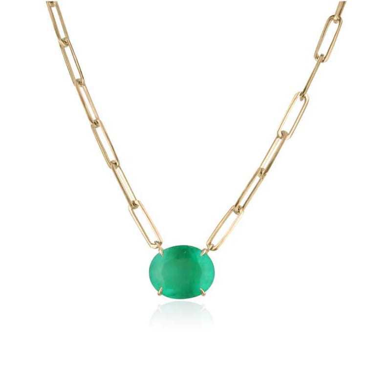 12.41ct Colombian emerald oval pendant on 14K yellow gold paper clip chain necklace