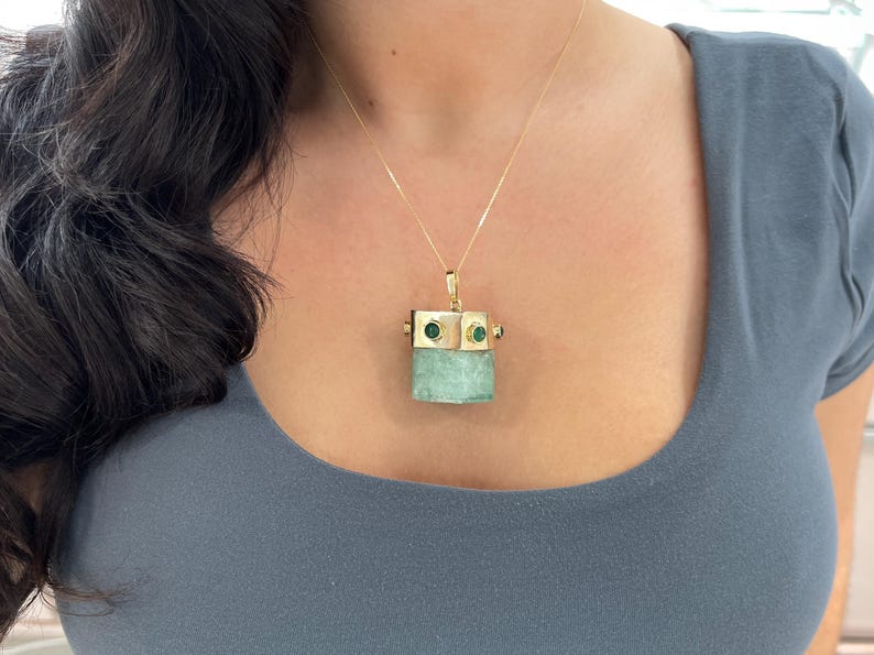 161.23tcw 14K Massive Natural Rough Cut Terminated Crystal Hexagon Emerald Pendant - JR Colombian Emeralds
