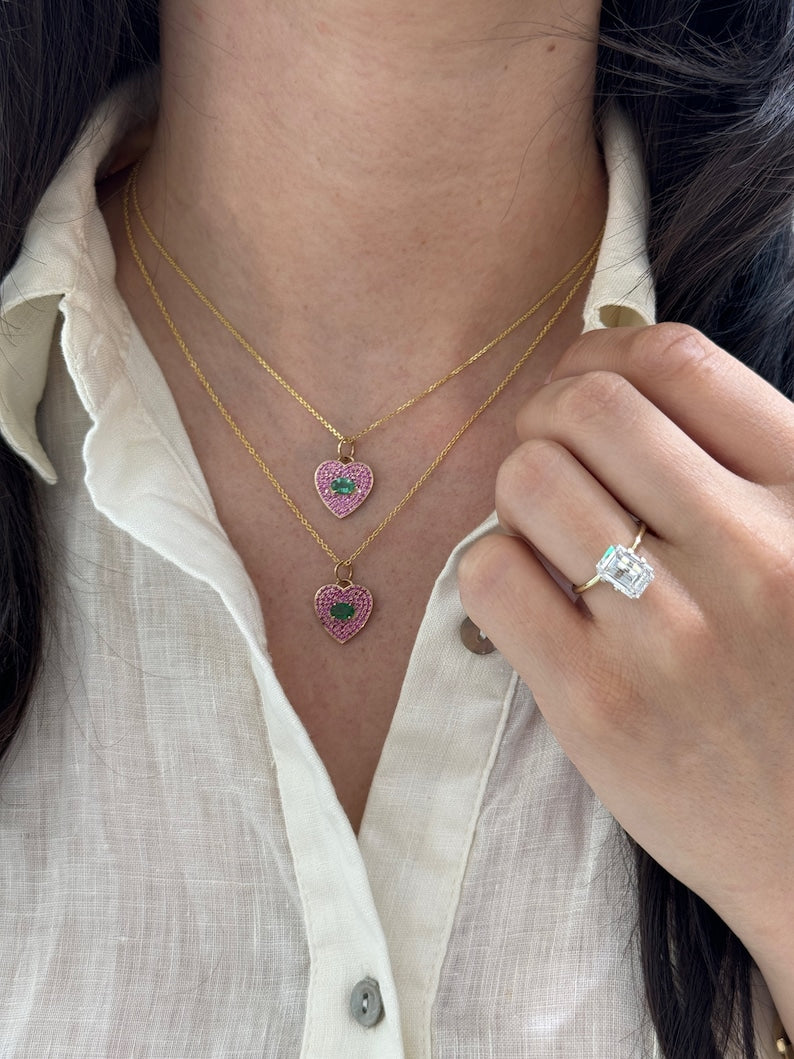 Emerald & Pink Sapphire Heart Cluster Necklace in 14K Gold - 1.0 Carat Total Weight