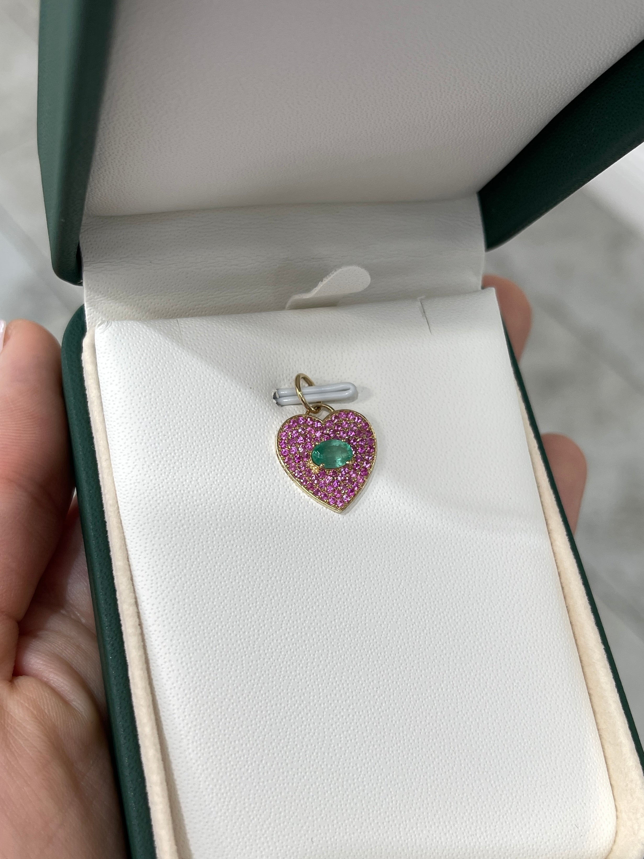 Carolina B. 1.0tcw 14K Emerald & Pink Sapphire Heart Cluster Pendant Charm - JR Colombian Emeralds