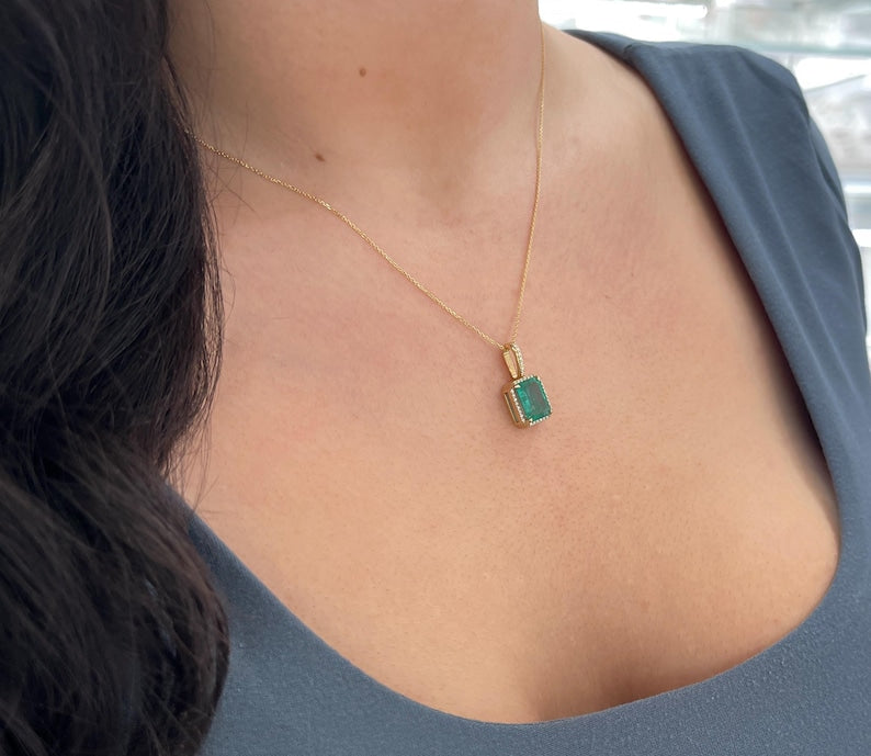 1.90tcw 14K Natural Emerald & Diamond Lush Green Pendant Necklace - JR Colombian Emeralds