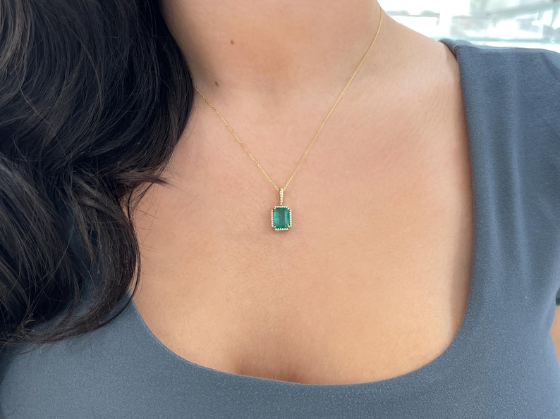 1.90tcw 14K Natural Emerald & Diamond Lush Green Pendant Necklace - JR Colombian Emeralds