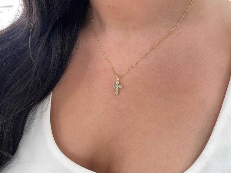 0.18tcw 14K Natural Emerald & Diamond Cross Pendant, Round Emerald Halo - JR Colombian Emeralds
