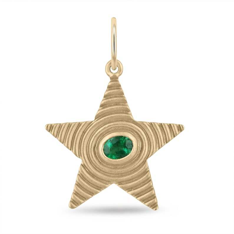 0.19ct 14K Emerald Star Pendant, Textured Gold Rippled Oval Bezel 585