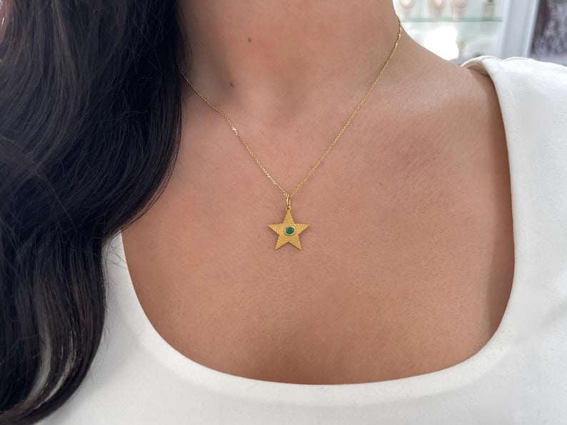 0.19ct 14K Emerald Star Pendant, Textured Gold Rippled Oval Bezel 585 - JR Colombian Emeralds