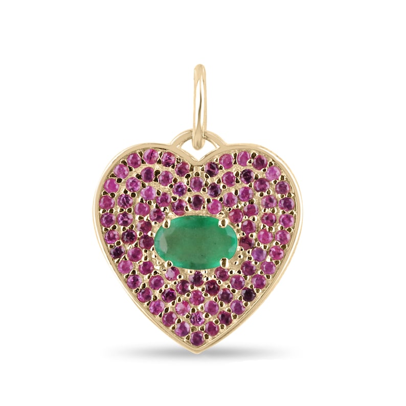 14K Gold Heart Pendant with Emerald and Pink Sapphire Cluster - 1.0tcw