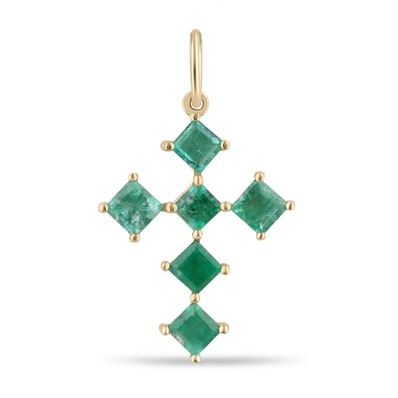 14K natural princess cut emerald religious cross pendant in yellow gold setting