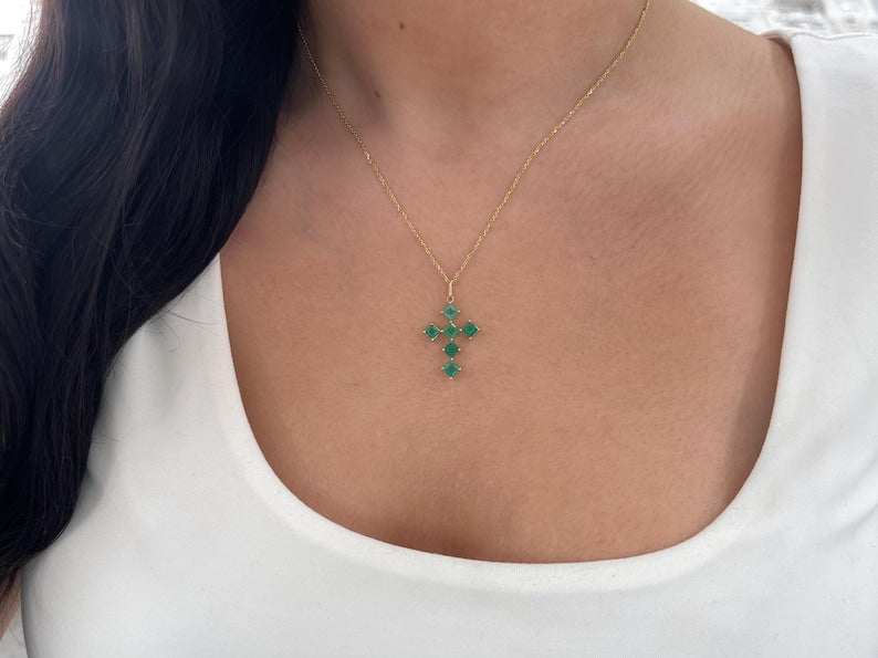 1.0tcw 14K Natural Princess Cut Emerald Medium Green Religious Cross Pendant - JR Colombian Emeralds