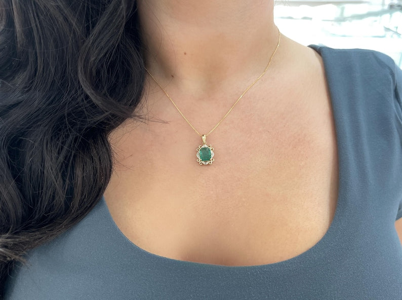 3.06tcw 14K Natural Emerald Cut Emerald & Diamond Accent Vintage Emerald Prong Set Pendant Necklace - JR Colombian Emeralds