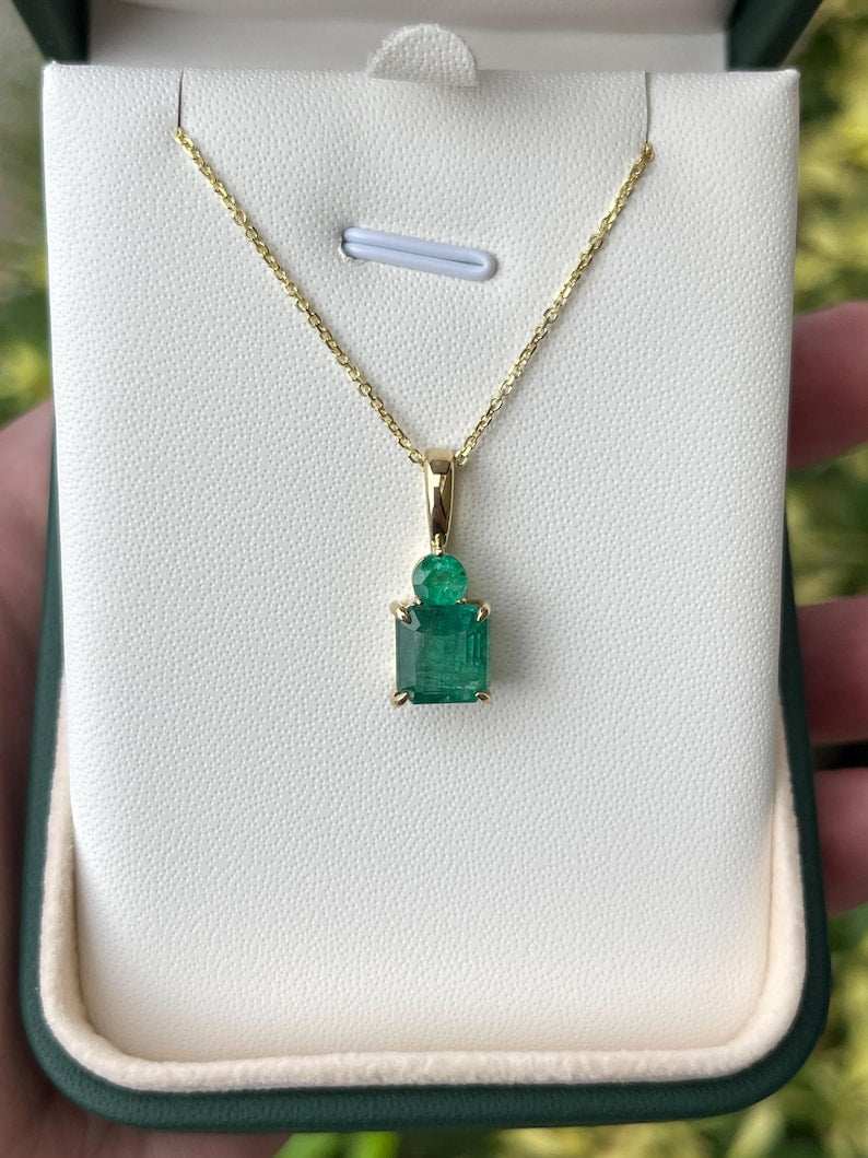 4.46tcw Zambian Emerald Toi et Moi Necklace 14K Gold Asscher & Round P