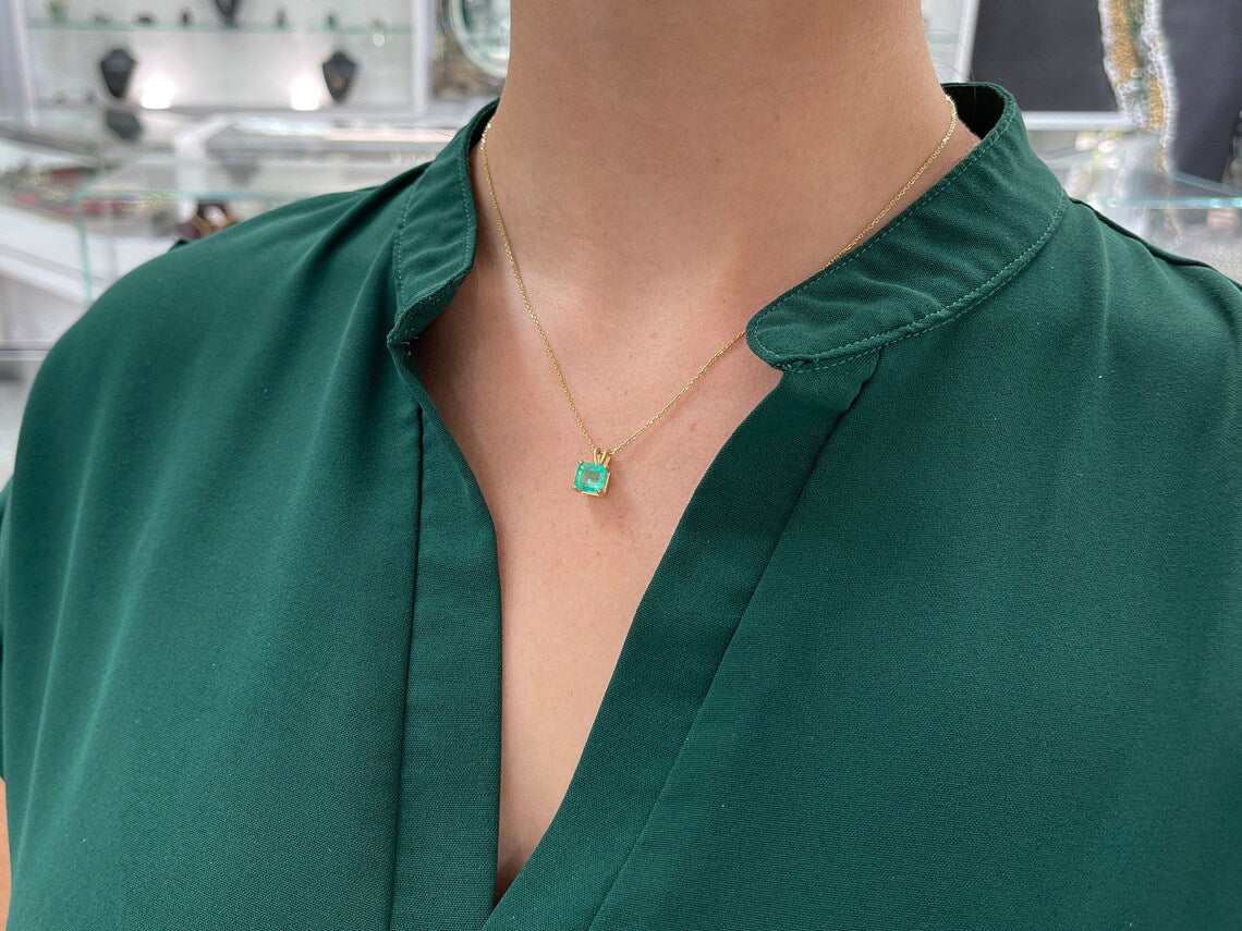2.50 Carat Colombian Emerald-Asscher Cut Solitaire Four Prong Pendant 14K