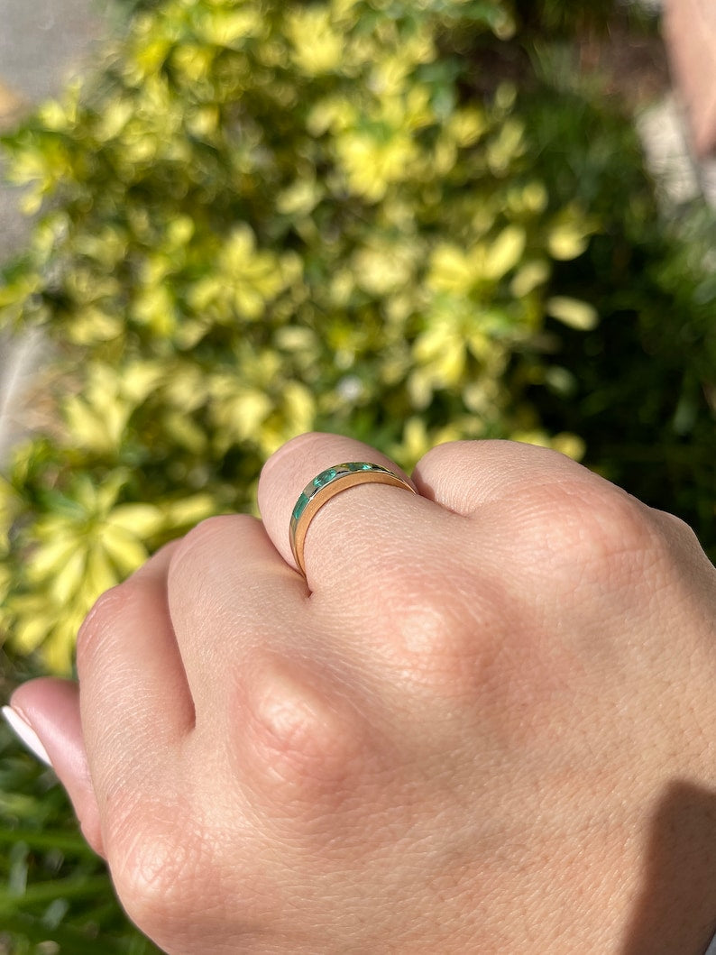 0.60tcw 14K Gold Round & Asscher Cut Woman's May Emerald 3 Stone Stackable Ring - JR Colombian Emeralds