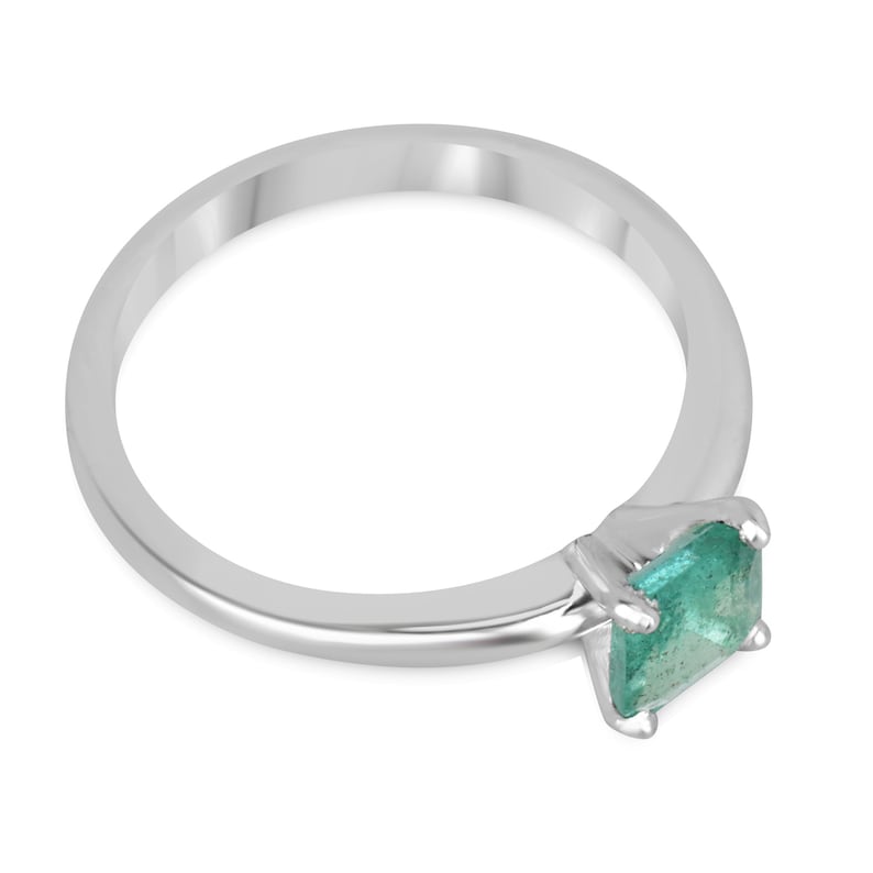 Sterling silver ring with a 0.90 carat natural spring green Asscher cut emerald solitaire from Colombian Emerald