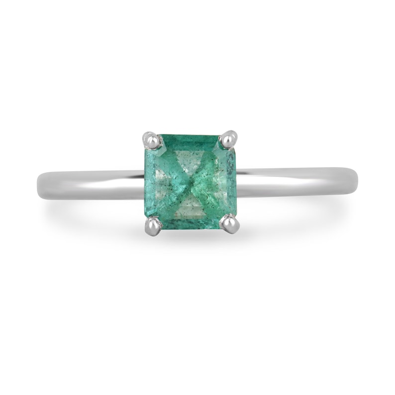 Sterling silver ring featuring a 0.90 carat natural spring green Asscher cut emerald solitaire by Colombian Emerald.