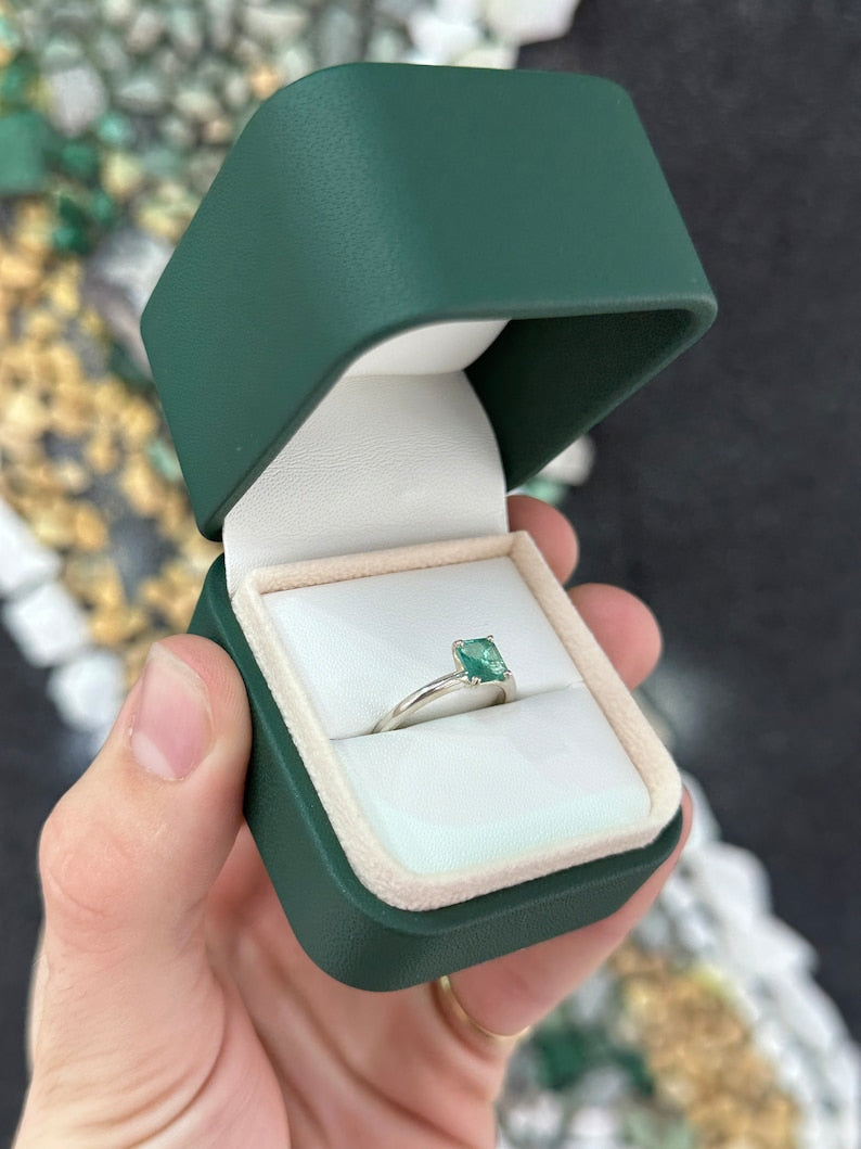 Sterling silver ring featuring a 0.90 carat natural spring green Asscher cut emerald solitaire from Colombian Emerald.