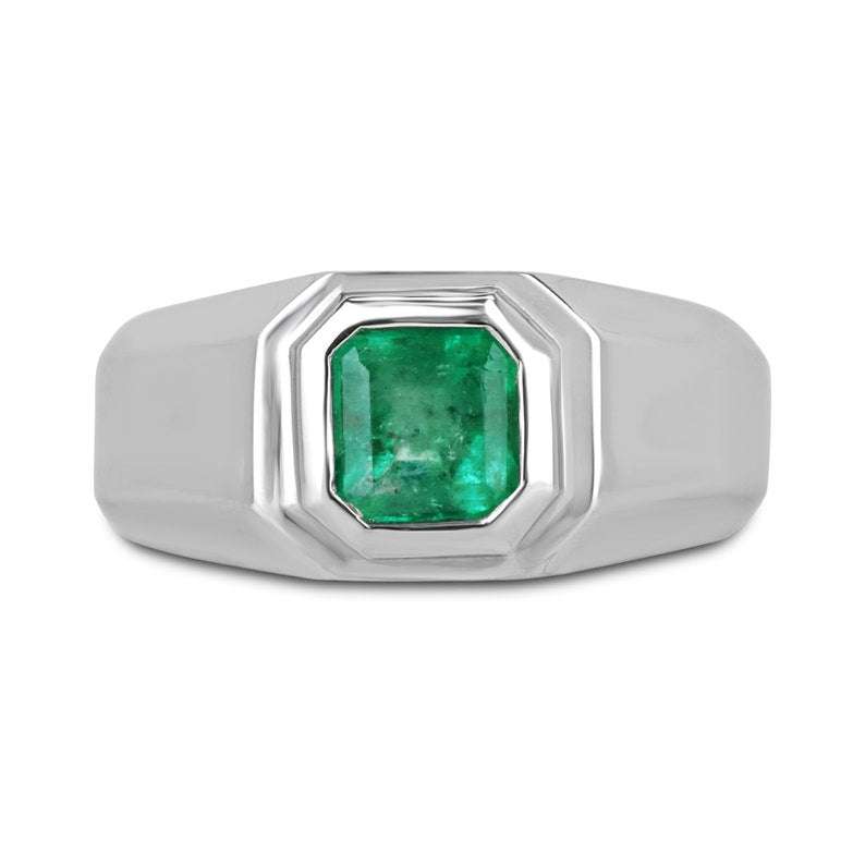 Men's silver ring with a 0.90 carat vivid medium green emerald, pinky size, from Colombian Emerald.