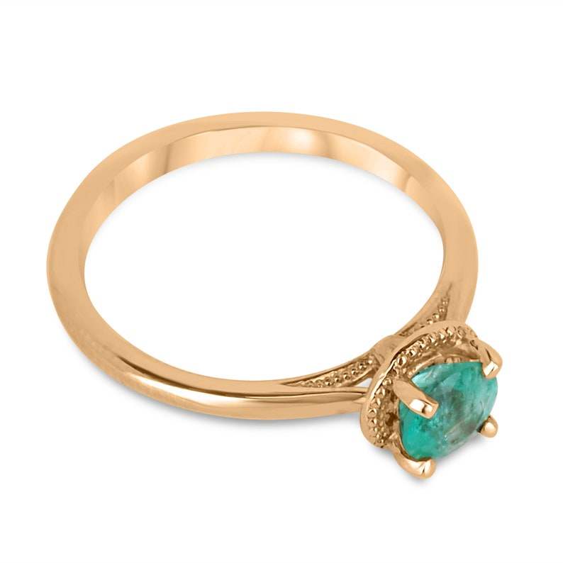 14K rose gold engagement ring with a 0.90ct round cut emerald solitaire, Colombian Emerald brand, right hand jewelry.