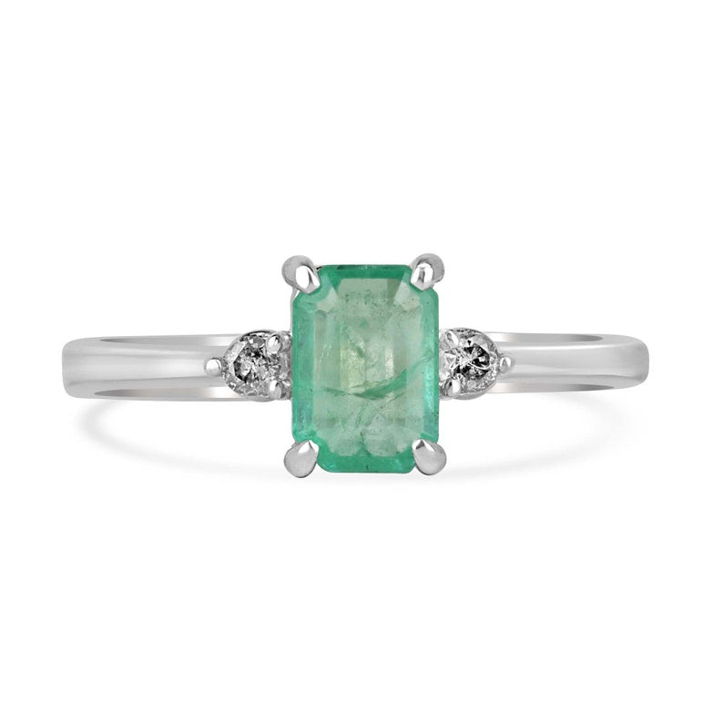 Sterling silver 3-stone ring with 0.98tcw natural medium green emerald cut and round diamonds by Colombian Emerald.