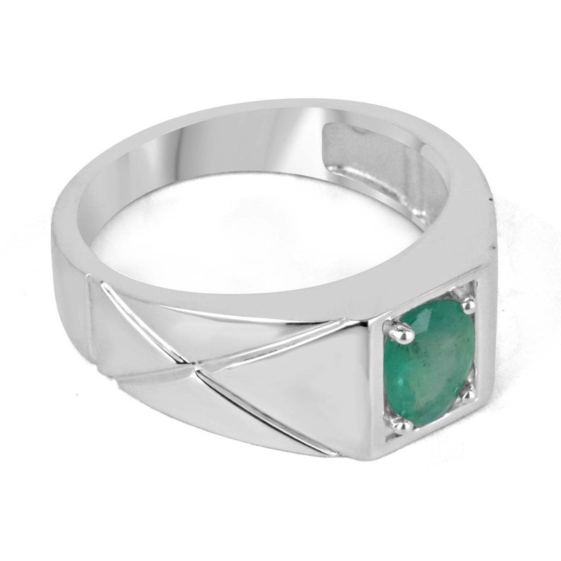Sterling silver men's ring with 1.13 carat lush green oval cut solitaire emerald, Colombian Emerald brand.