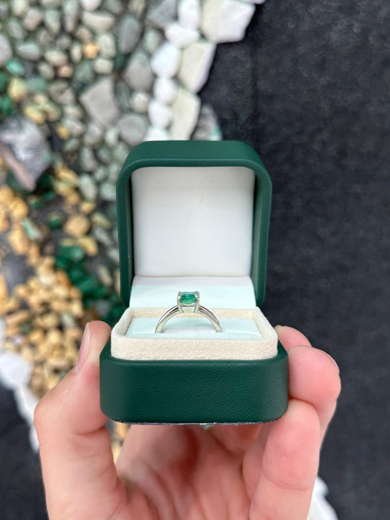 Sterling silver 925 ring with a 1.30ct Asscher cut bluish green emerald, four-prong setting, from Colombian Emerald brand.