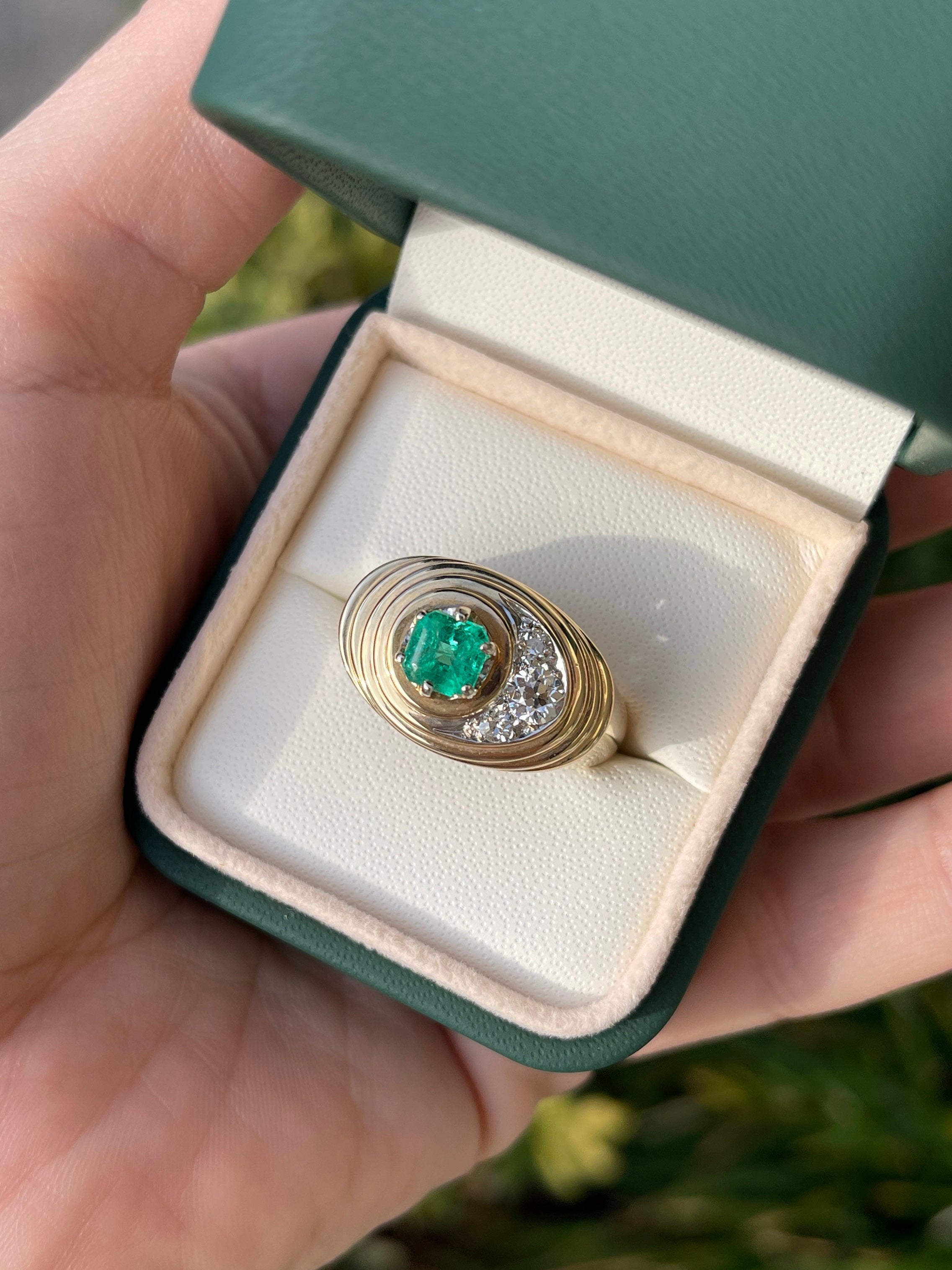 1.35tcw 14K Colombian Emerald Asscher Cut Diamond Mens Ring - JR Colombian Emeralds