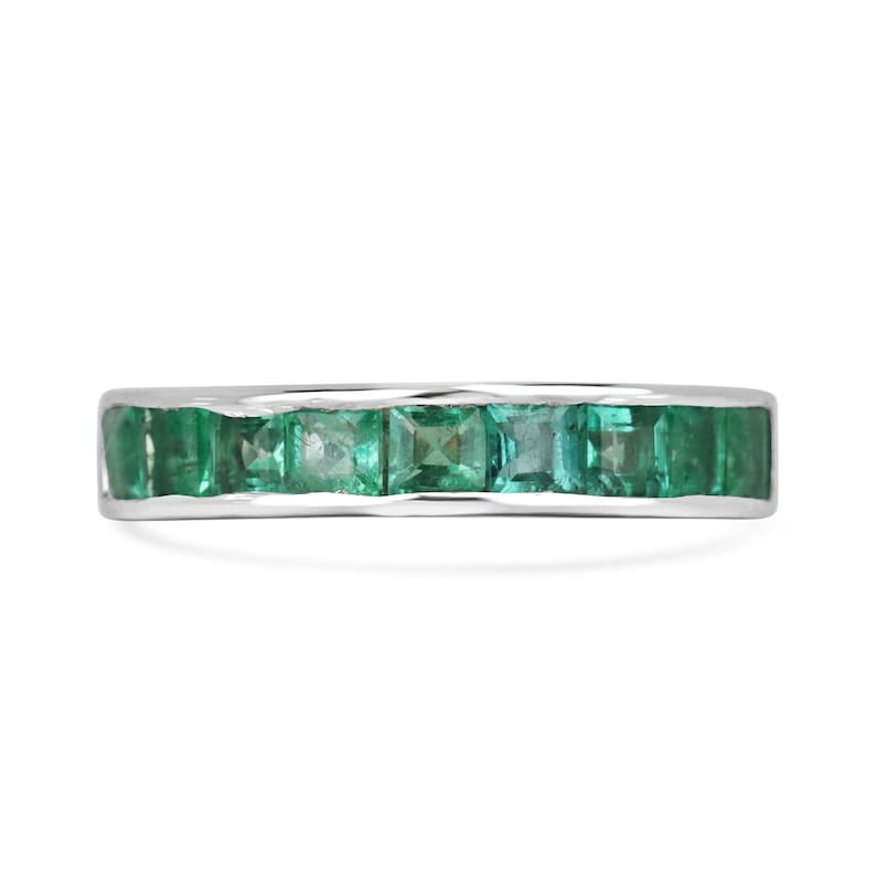 Colombian Emerald 14K white gold wedding band with a 1.35tcw princess cut green emerald, unisex ring design.