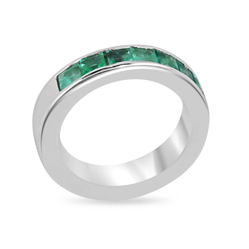 14K white gold unisex wedding band with 1.35tcw medium green princess cut emerald from Colombian Emerald.