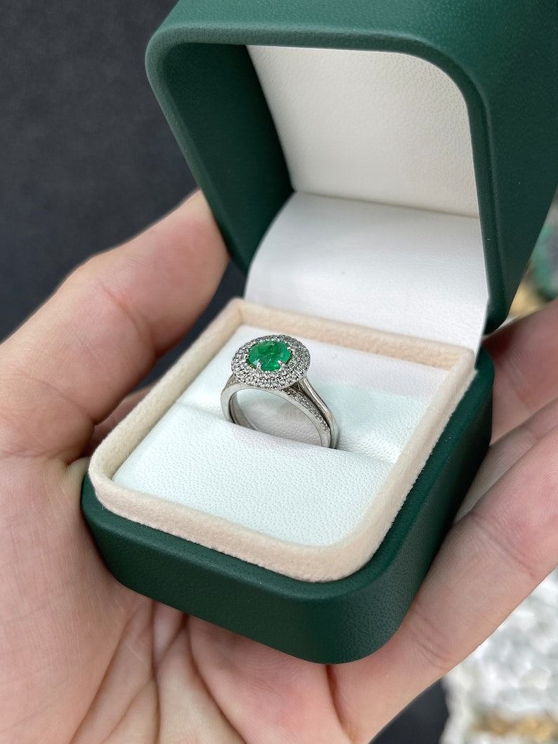 1.45tcw 14K Round Vivid Yellowish-Green Emerald & Diamond Accent 6 Prong Ring - JR Colombian Emeralds