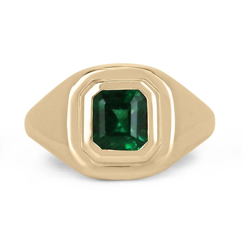 Unisex 1.48 Carat Asscher cut emerald ring with double bezel setting, rich dark green Colombian Emerald, 18K gold luxurious design