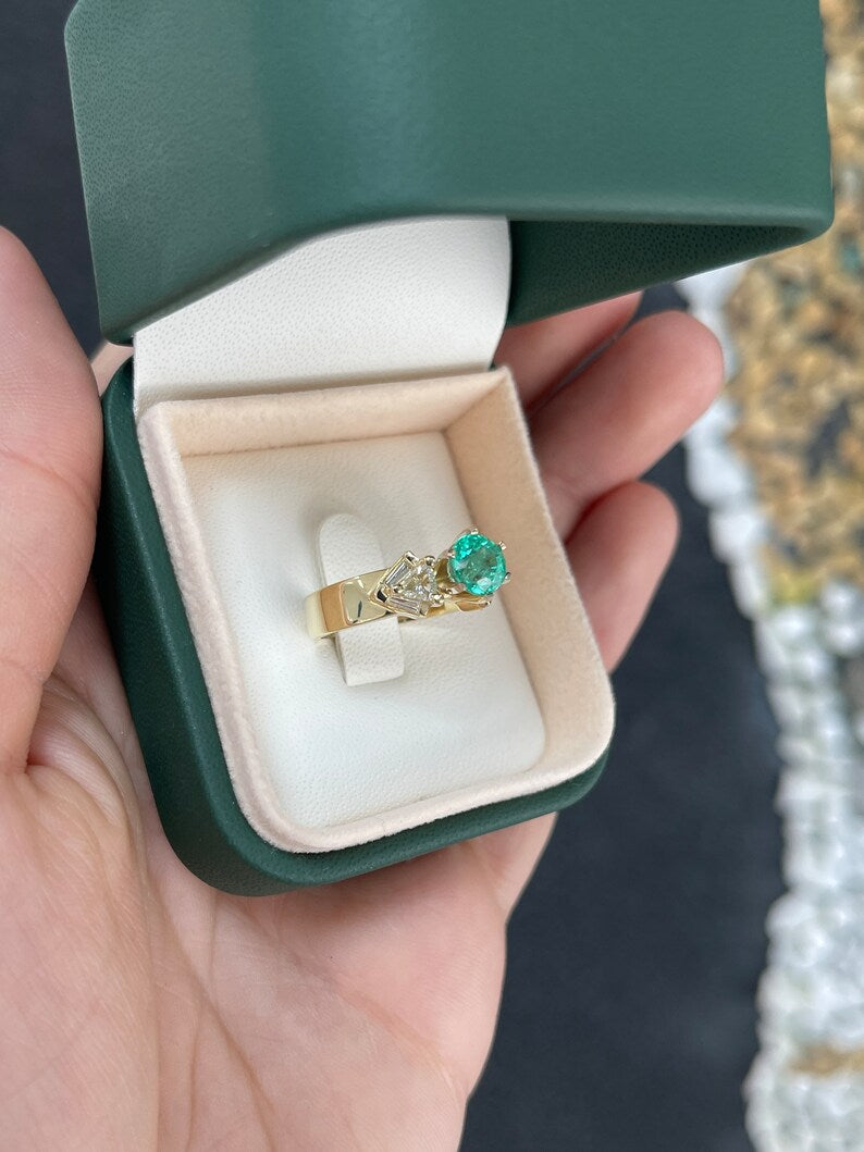 Vivid spring green round emerald engagement ring with diamond accents in 14K gold by Colombian Emerald