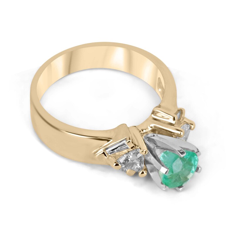 Vivid spring green round emerald engagement ring with diamond accents in 14K gold, by Colombian Emerald.
