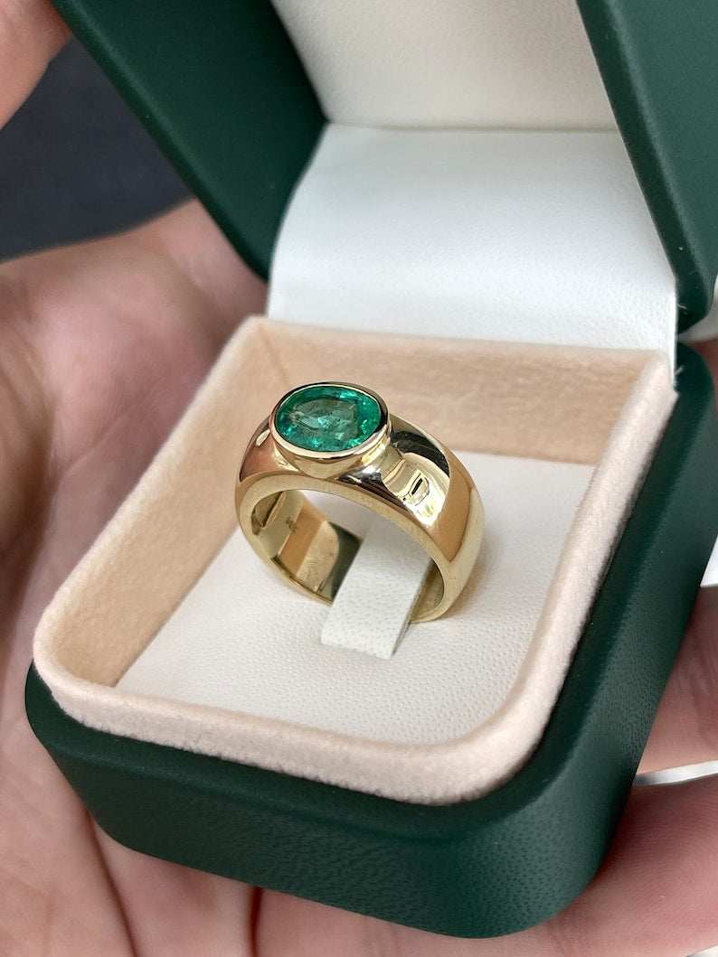 Solitario unisex con diamante naturale verde medio da 1,80 ct, taglio ovale, in oro 14 carati 585, 8 mm