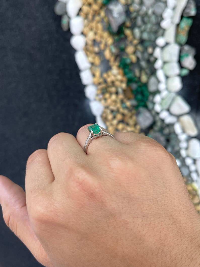 14K Colombian Emerald Solitaire Engagement Ring with 1.95 Carat Four Prong Setting, showcasing a vibrant emerald gemstone.