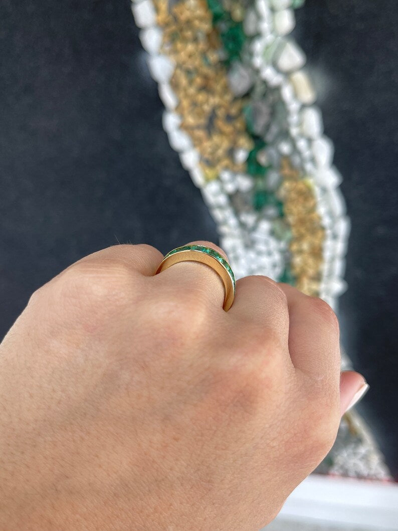 14K gold unisex engagement band ring with round cut emeralds, 2.30tcw, 5.3mm channel setting, Colombian Emerald brand.
