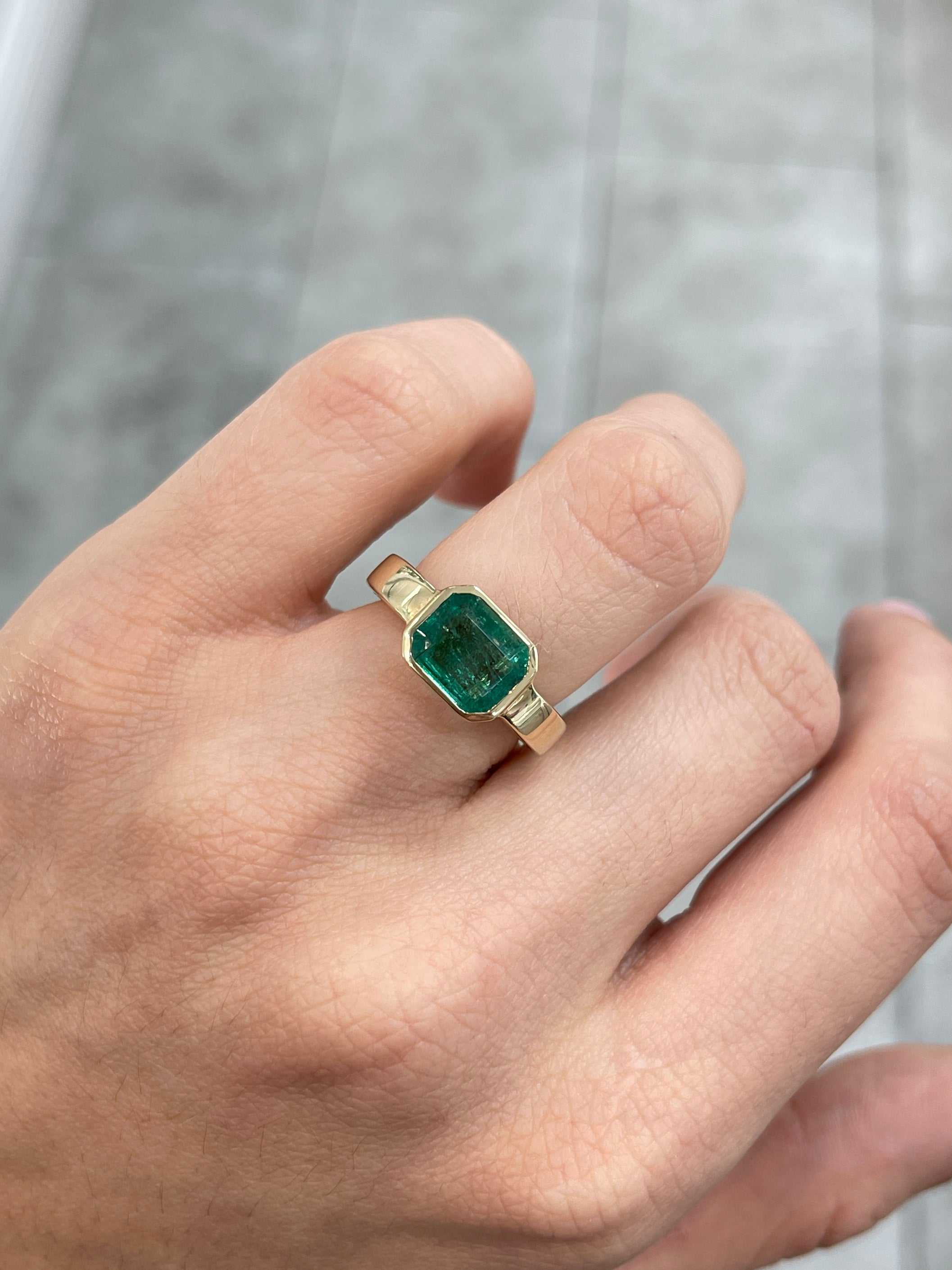 2.40cts 14K Natural Emerald Cut Dark Green Solitaire Engagement Ring - JR Colombian Emeralds