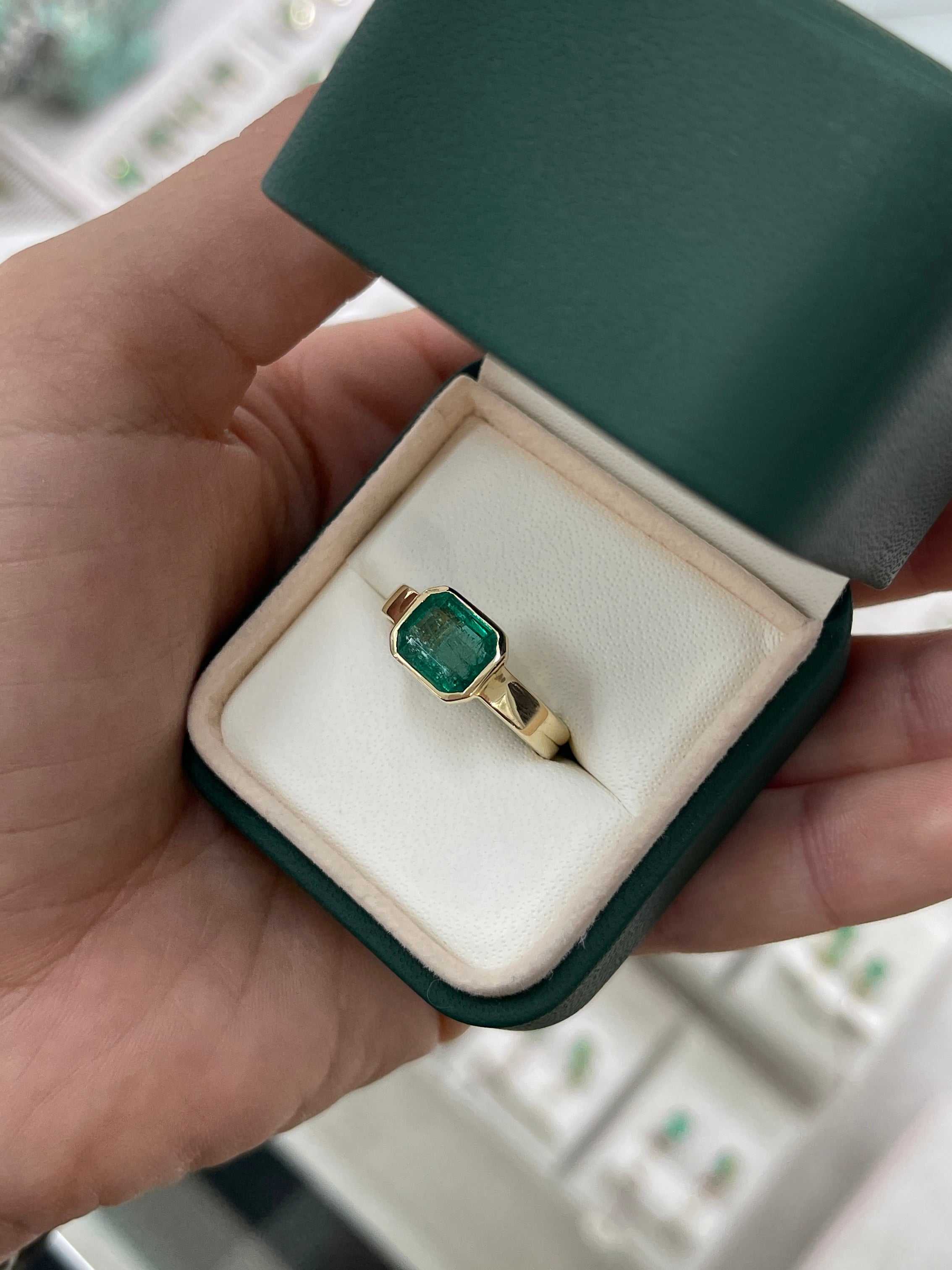 2.40cts 14K Natural Emerald Cut Dark Green Solitaire Engagement Ring - JR Colombian Emeralds