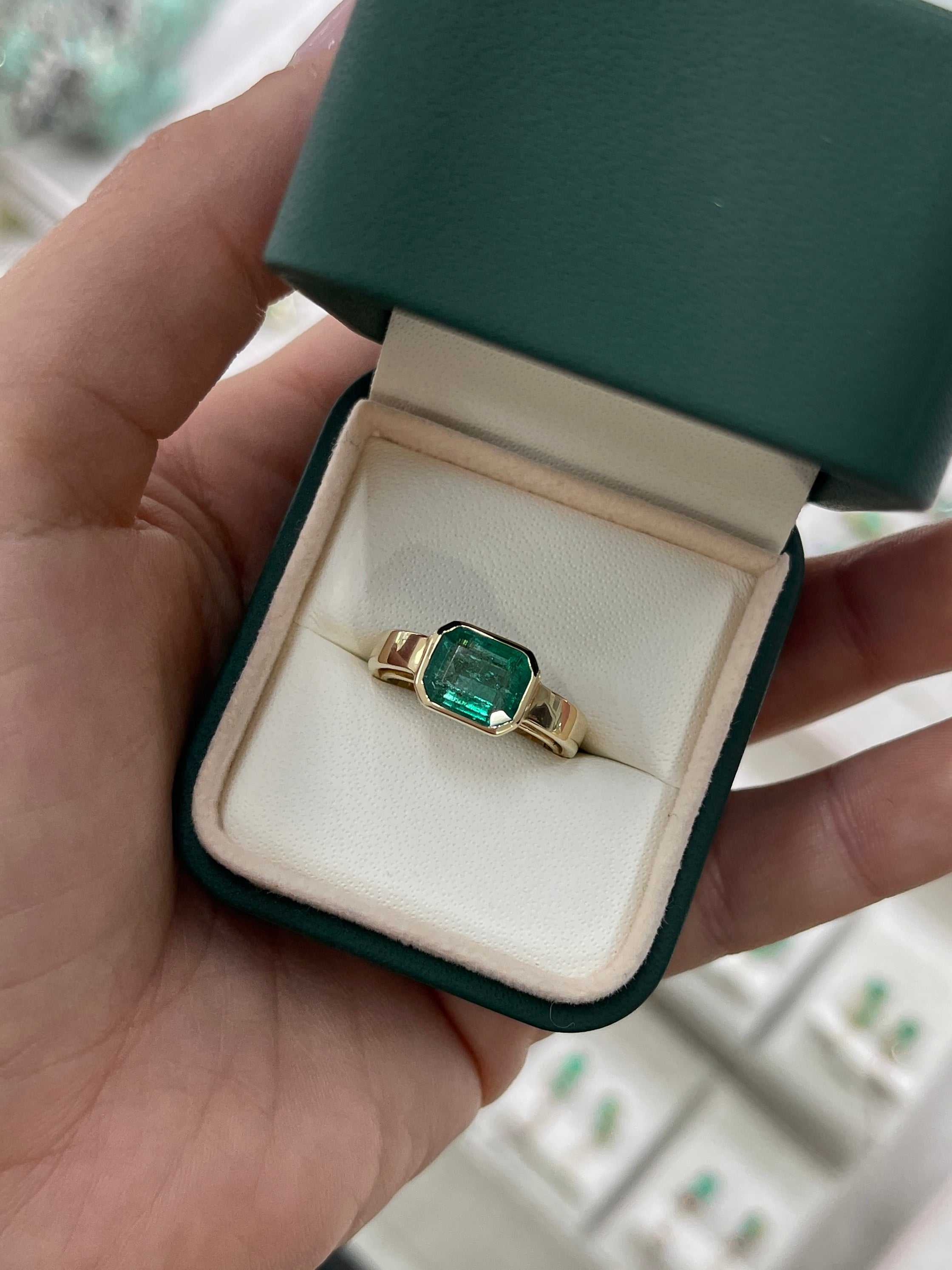 2.40cts 14K Natural Emerald Cut Dark Green Solitaire Engagement Ring - JR Colombian Emeralds
