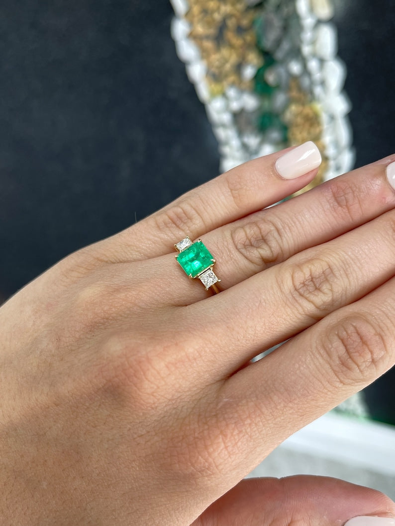 14K Colombian Emerald and princess cut diamond 3-stone ring with 2.60tcw, showcasing vibrant green emeralds and sparkling diamonds.