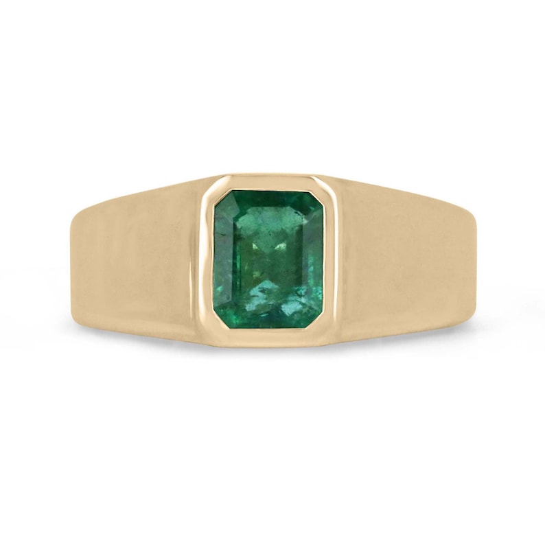 Men's 14K gold ring with 2.65ct lush dark green emerald cut emerald from Colombian Emerald, featuring a north-south design.