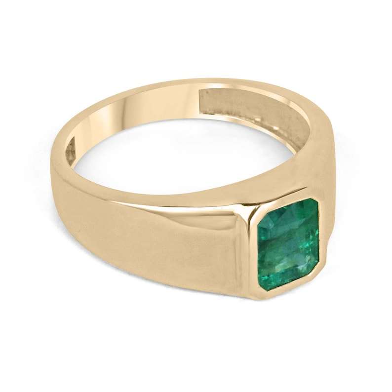 Men's 14K gold ring with 2.65ct lush dark green emerald cut emerald set north-south, from Colombian Emerald collection.