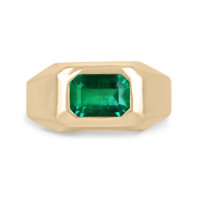 Colombian Emerald AAA+ green east-west emerald cut solitaire gypsy ring showcasing a 2.70ct vivid green gemstone with a sleek gold band