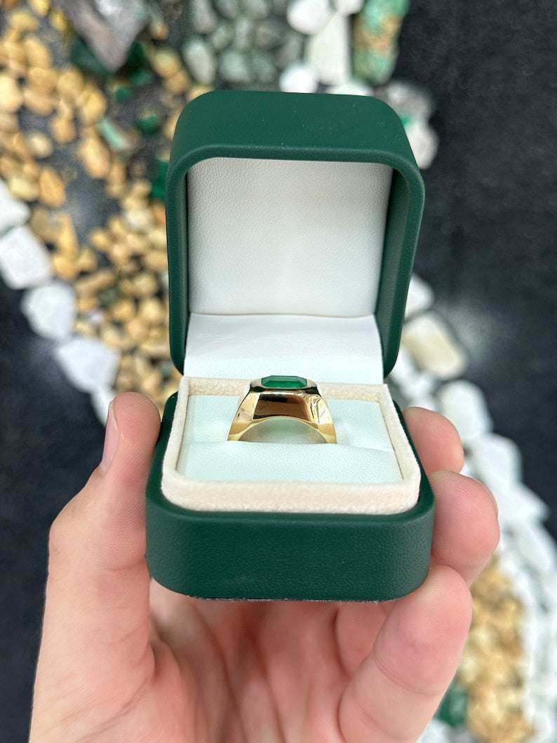 Colombian Emerald 2.70ct AAA+ Vivid Muzo green east-west emerald cut solitaire gypsy ring shown from side view.