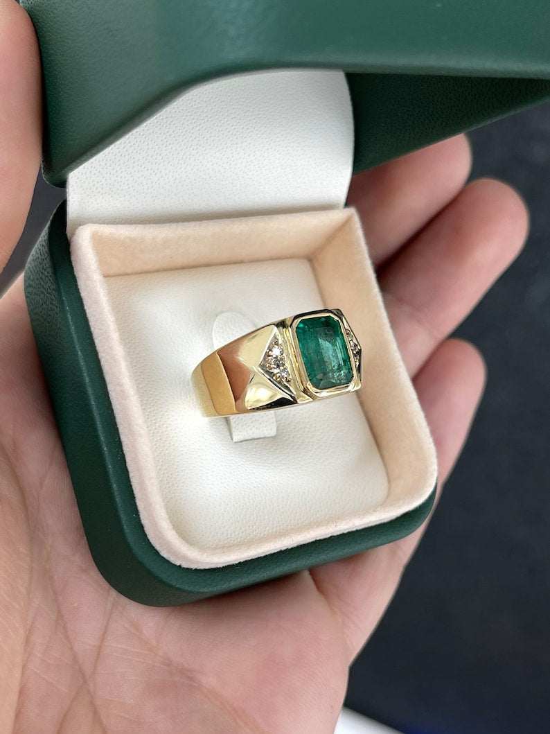 Men's 14K gold ring with 2.73tcw dark green natural emerald cut emerald and diamond accents, Colombian Emerald brand.