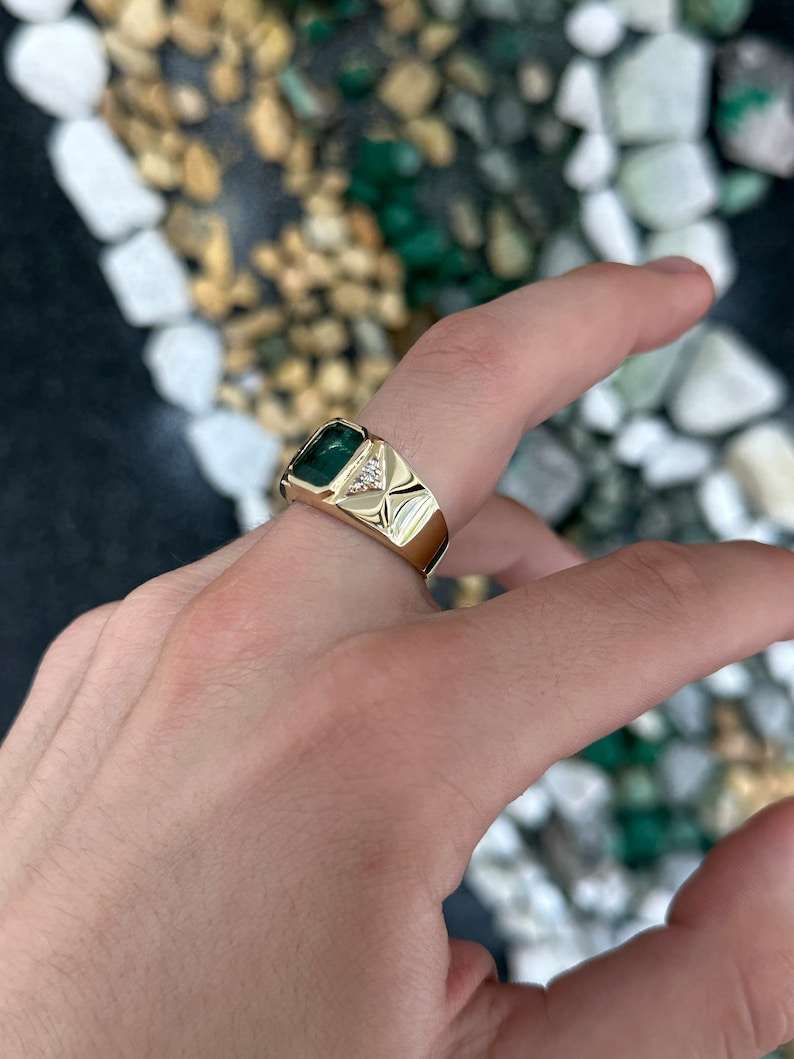 2.73tcw 14K Gold Dark Green Natual Emerald Cut & Diamond Accent Men's Ring - JR Colombian Emeralds