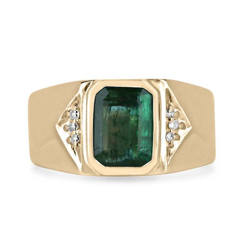 14K gold men's ring with dark green natural emerald cut gemstone and diamond accents, featuring Colombian Emerald branding.