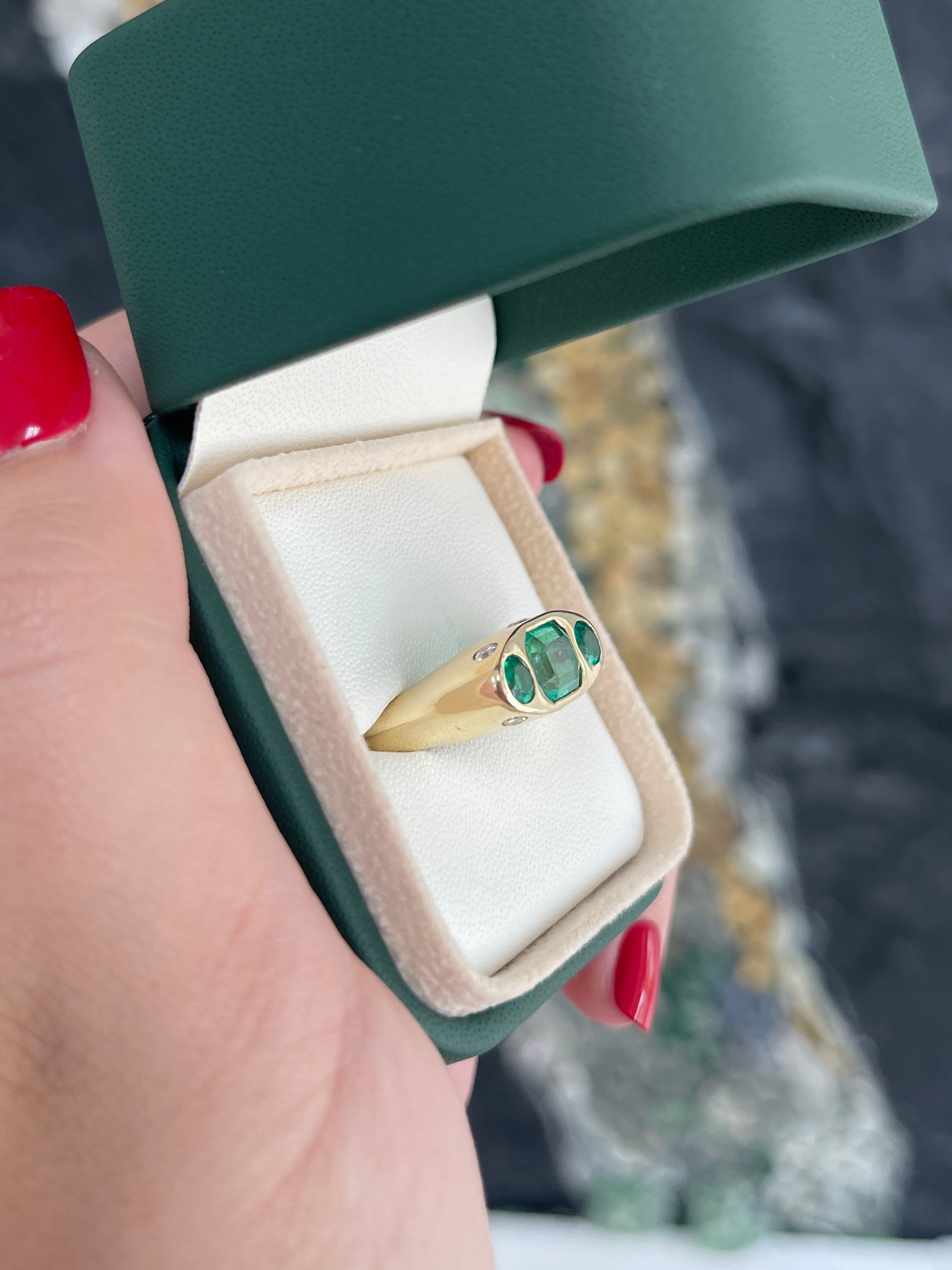 2.85tcw 14K Colombian Emerald Round Cut Three stone Diamond Ring - JR Colombian Emeralds
